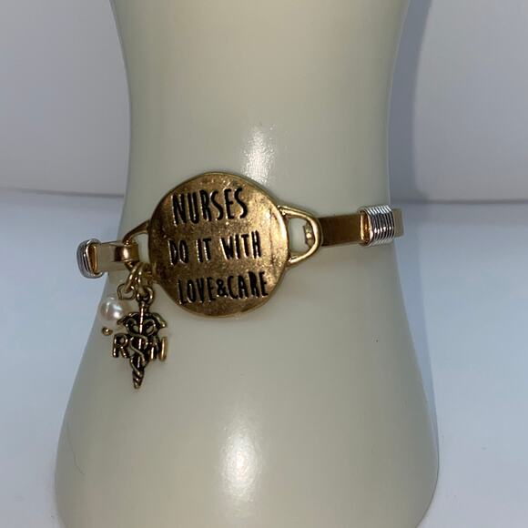 Nurses Do It With Love & Care Gold-Tone Charm Bangle Bracelet - Picture 1 of 6